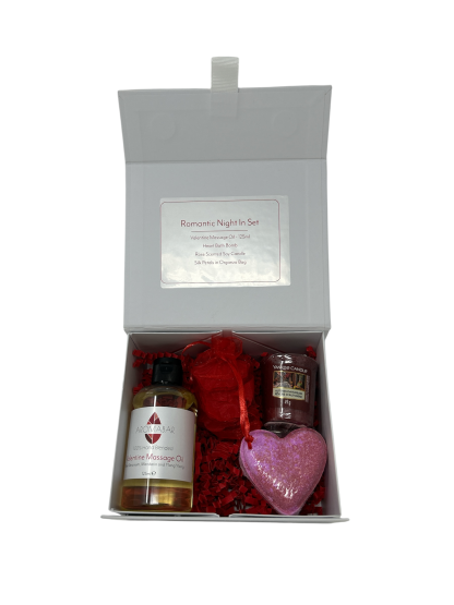 Romantic Night in Gift Set with Valentine Massage Oil, Heart Bath Bomb and Scented Candle Ideal for Valentine or Couples Gift to Share - Image 2