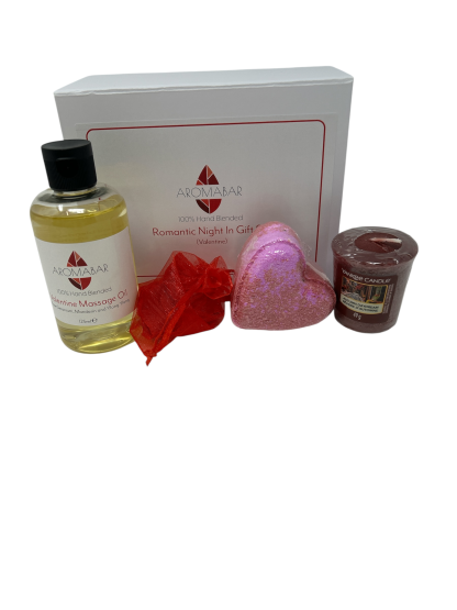 Romantic Night in Gift Set with Valentine Massage Oil, Heart Bath Bomb and Scented Candle Ideal for Valentine or Couples Gift to Share