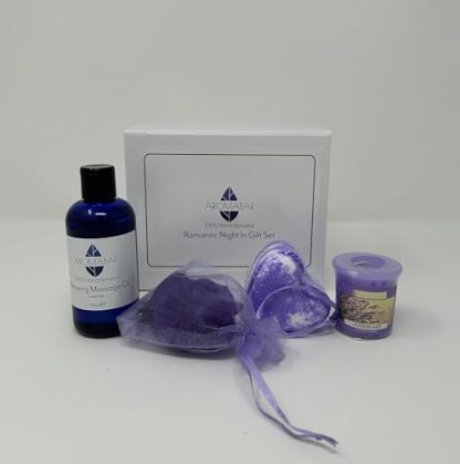 Romantic Night in Gift Set Sensual Massage Oil, Heart Bath Bomb and Scented Candle Ideal for Valentine or Couples Gift to Share