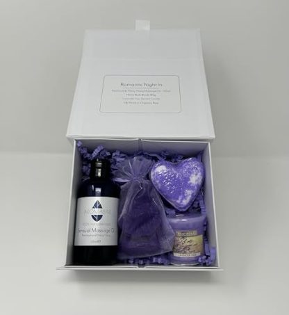 Romantic Night in Gift Set Sensual Massage Oil, Heart Bath Bomb and Scented Candle Ideal for Valentine or Couples Gift to Share - Image 2